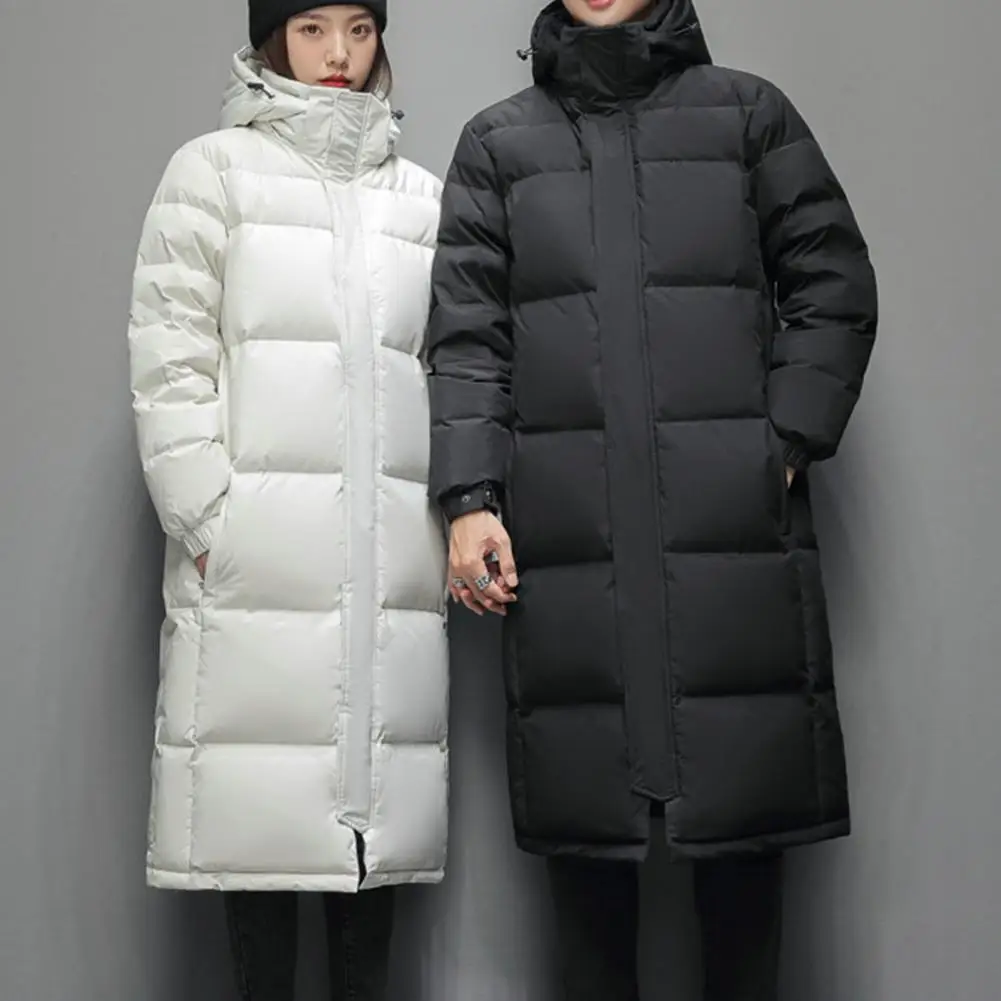 Cotton Coat Windproof Unisex Winter Down Coat with Stand Collar Hooded Neck Pockets Warm Stylish Mid Length for Couples