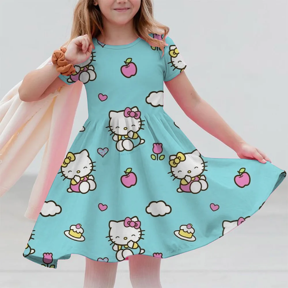 3D Printed Sanrio Hello Kitty Fashion Cartoon Pattern Cute Short Sleeved Dress Cosplay Youth Girl Clothes Kuromi Clothes Sweet