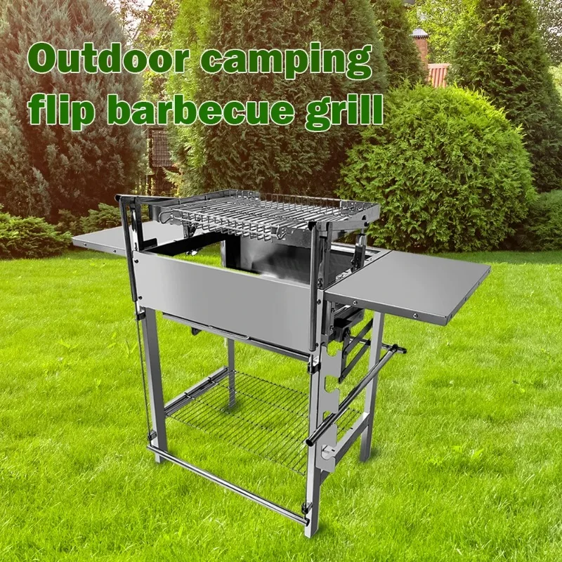BBQ Grill 360°Rotating Charcoal Stainless Steel Foot-operated Flip Design Big Size for Delicious Meat Barbecue Outdoor Kitchen