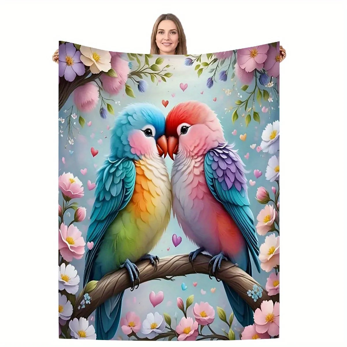 Premium Flannel Blanket - Two Parrots on Branch with Flowers & Hearts Design, Soft Anti-Tear All-Season Throw