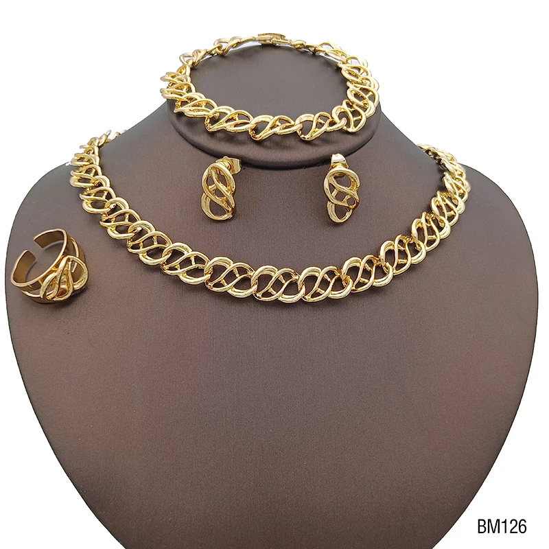 African Jewelry Set  Hollow Out  Alloy Necklace Dubai Ethiopian Gold Color Jewelry Earring Bracelet Ring For Women Bridal Gifts