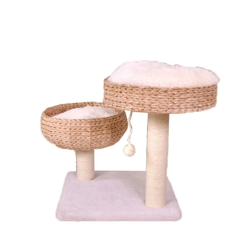 

OEM Natural Wood House Luxury Cat Climbing Frame With Rattan Woven Bed and Sisal Rope Cat Scratching Posts Cat Tree