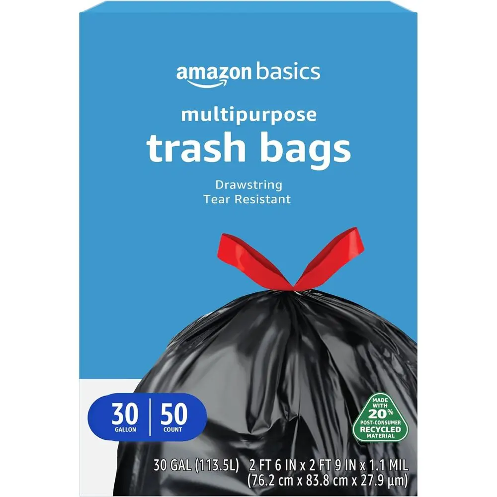 

30-Gallon Multipurpose Recycle Trash Bags, 20% Post-Consumer, Black with Red Drawstring, 50 Pack