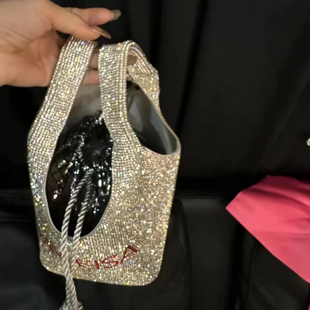 Bling Shiny Bucket Bag Glitter Rhinestones Diamond Evening Bag Women Fashion Handbag Wedding Party Clutch Purse Shoulder Bag