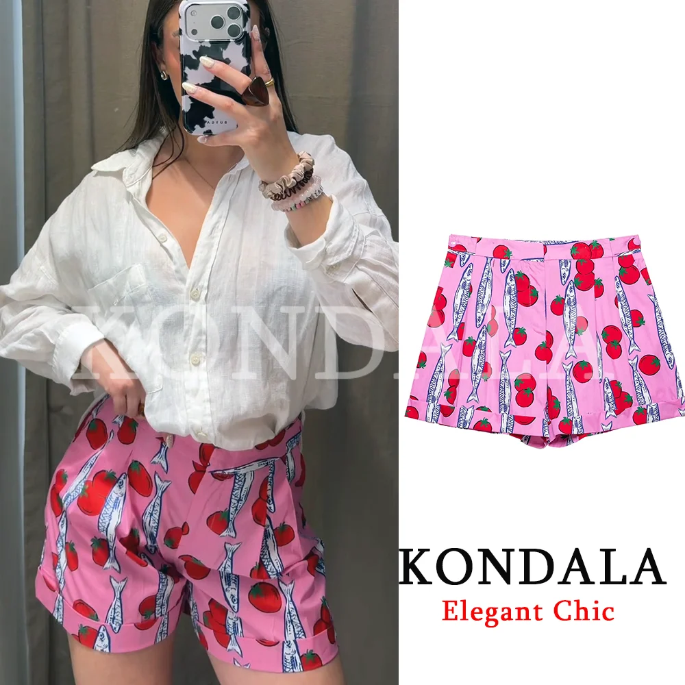 

KONDALA Women Trendy Holiday Beach Print Shorts Zipper Button Straight Shorts Fashion 2026 Spring Summer Y2K Tomato Lady Shorts