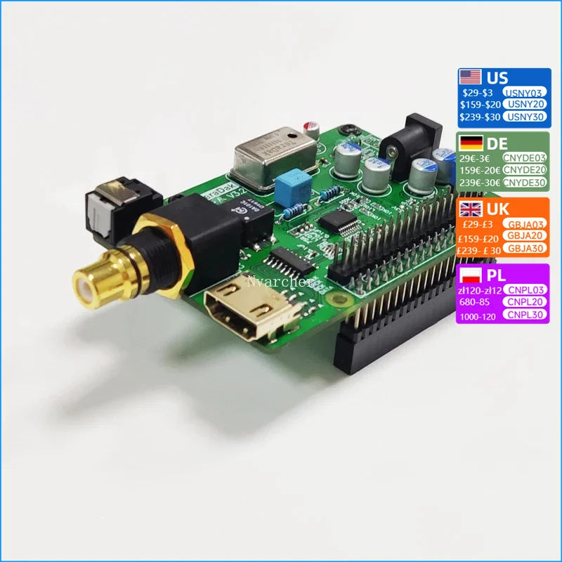 Nvarcher I2S Coaxial Optical HDMI-Compatible   DAC Digital Audio Sound Card Expansion Decode Board DSD512 for Raspberry Pi 3B 4B