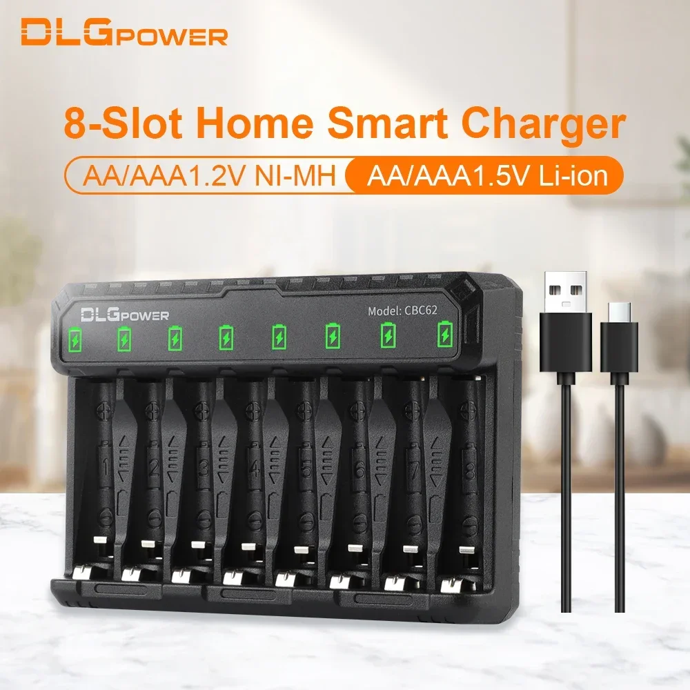 DLGPOWER 8-slot smart battery charger automatically recognizes 1.2V NI-MH/NI-CD/1.5V LI-ION batteries for independent charging