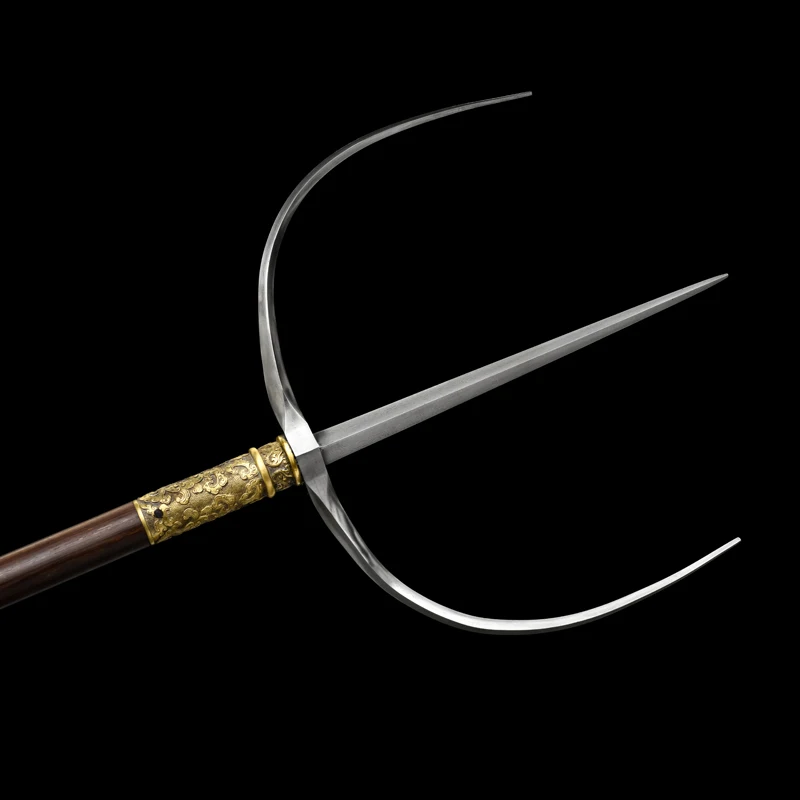 Chinese Tiger Fork Wushu Trident Long Handle Martial Arts Training Weapons Vintage Metal Craft Kung Fu Sword Ornament Collection