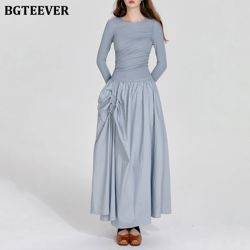 BGTEEVER Stylish O-neck Long Sleeve Female A-line Dress Autumn Fashion Slim Waist Pockets Women Mid-Length Dress