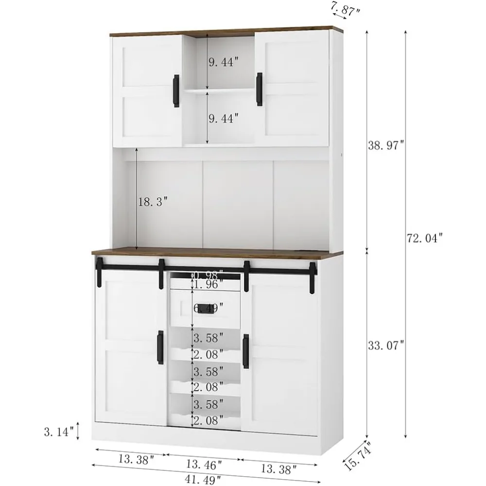 Armário de bar de fazenda alto de 76 "com estação de carregamento, aparador de cozinha grande, armário de despensa com porta deslizante de celeiro