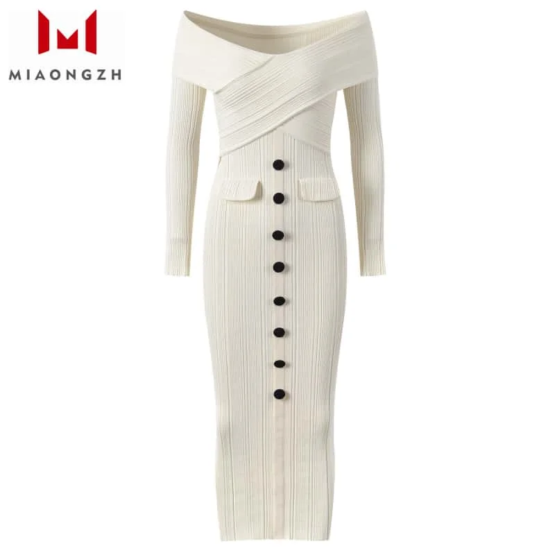 

White Dress For Women Temperament Slimming Slash Neck Long Sleeve 2025 New Elegant Button Knitted Female Fashion Party Dresses