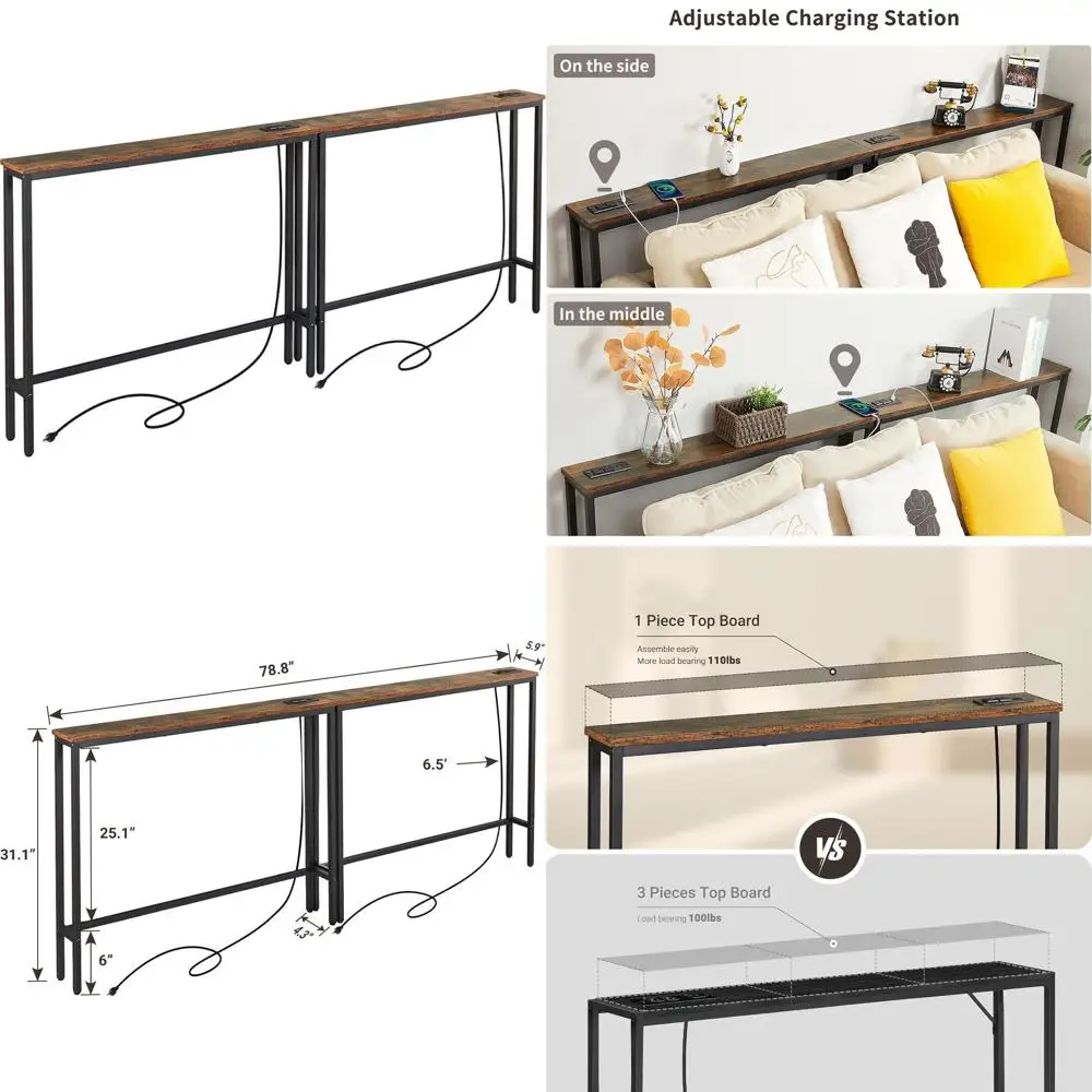 

Rustic Brown Narrow 5.9 Console Sofa Table, 39.4 Wide, 31.1 High, with Power Outlets & 6.5' Cord