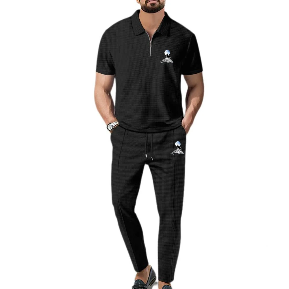 Full Moon Howl Wolf Car Polos Suit Men's Summer Waffle 2pcs Outfit Set Short Sleeve Polo Shirt & Long Pants Zip Streetwear