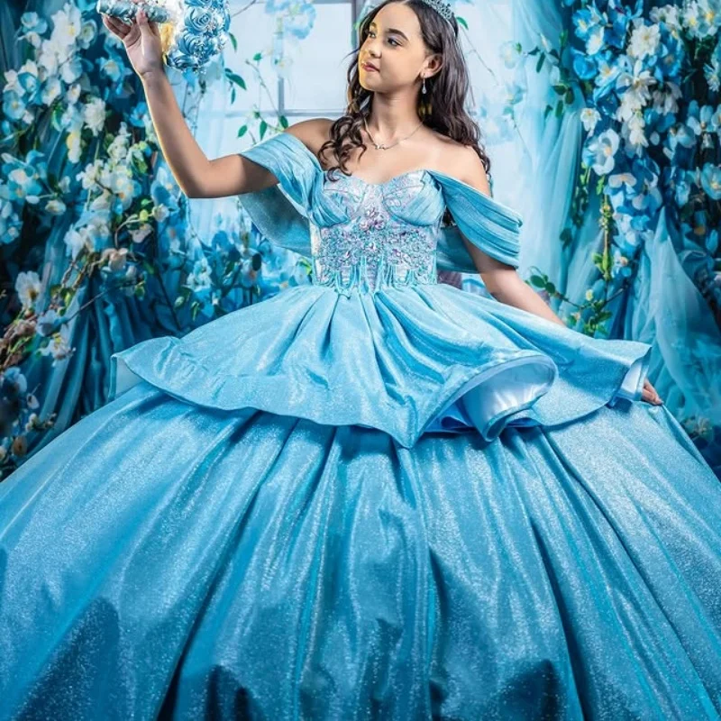 

Блестящее синее платье Quinceanera с открытыми плечами и бусинами, кружевная блестящая цветочная наклейка с кристаллами, платья de 15, Quinceanera ﻿ Индивидуальный