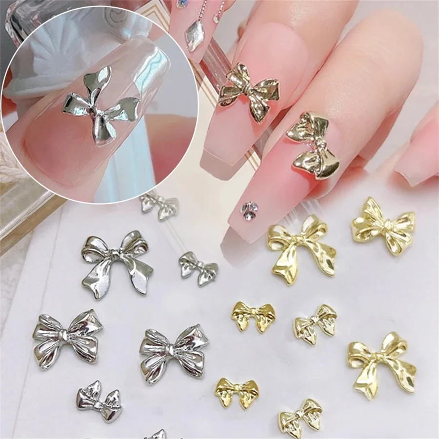 10 ชิ้น/ถุงโลหะ 3D Bowknot สีเทาทองเครื่องประดับตกแต่งเล็บ Studs Charms Rhinestones เล็บตกแต่งสําหรับ DIY ผู้หญิง