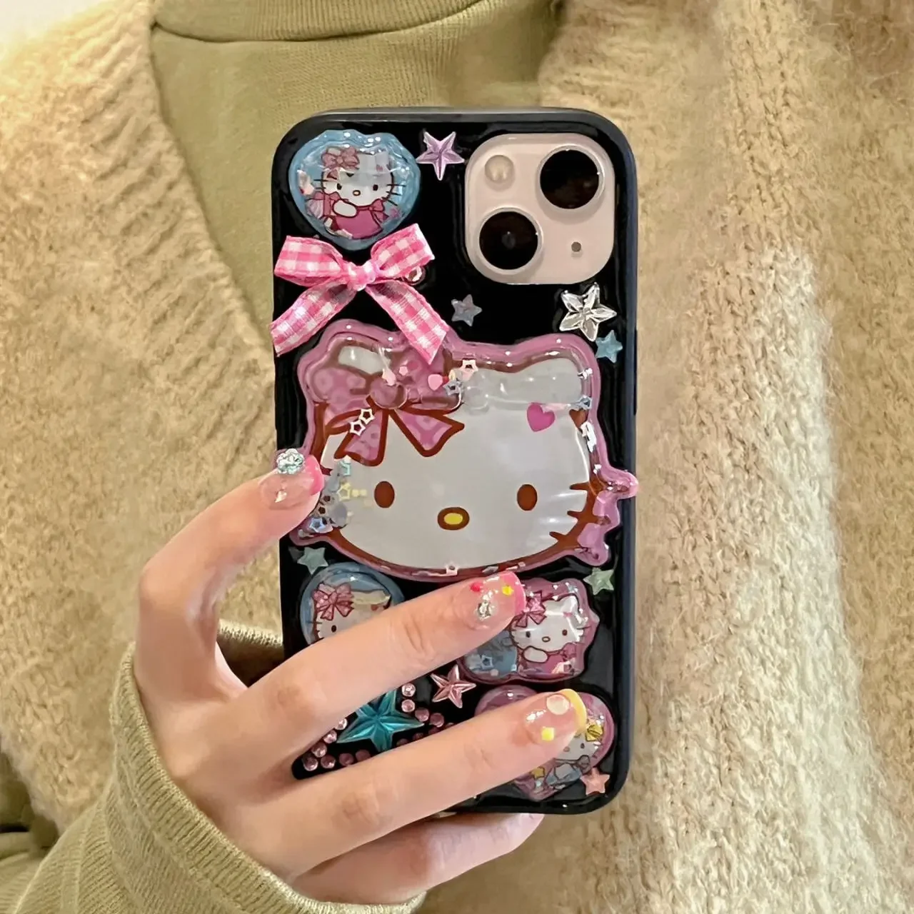 Sanrio Hello Kitty Quicksand IPhone Case Kawaii Star Epoxy Soft All-Inclusive Protection Case for IPhone16 15 14 13 12 Promax