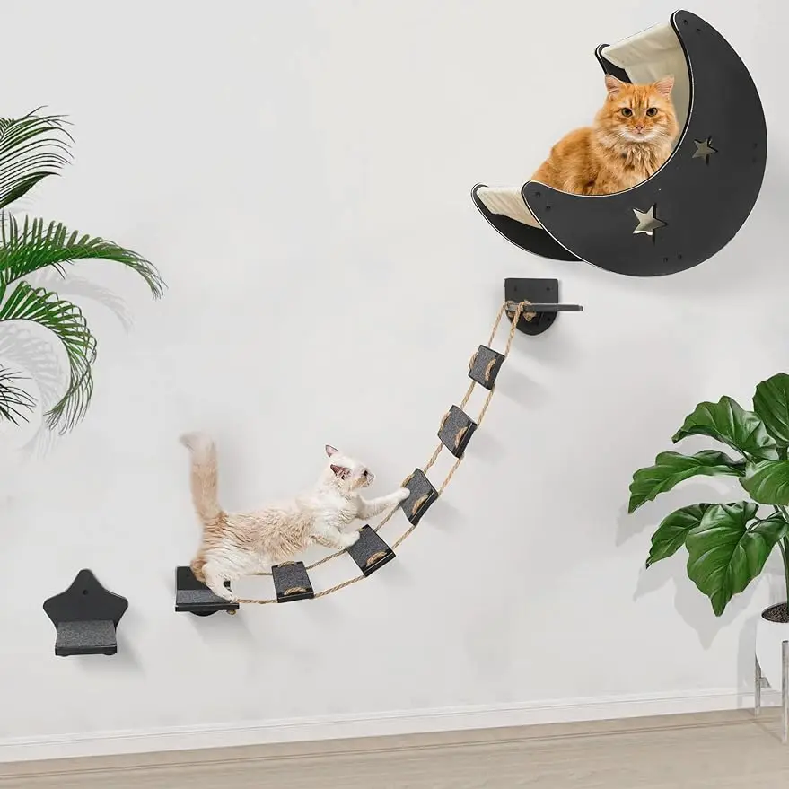 Cat Wall Shelves, Modern Cat Wall Furniture with 1 Step and 1 Climbing Bridge Step, Cat Climbing Shelf and Perches for Wall