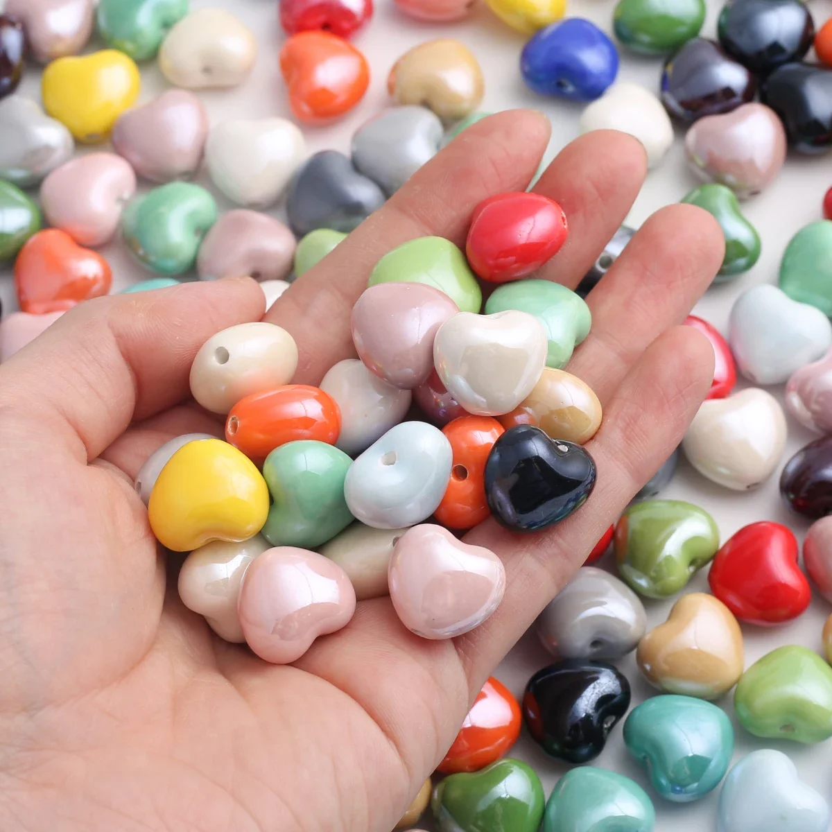 10/20pcs Random Color 15*17mm Pearl Luster Heart Ceramic Loose Beads DIY Sweet Handmade Bracelet Jewelry Craft Supplies