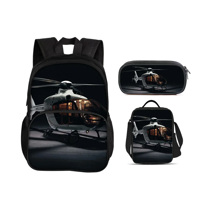 Helicopter round front bag backpack, pencil case, ice pack, 3Pcs Set, mechanical printing best gift for boys and girls in school