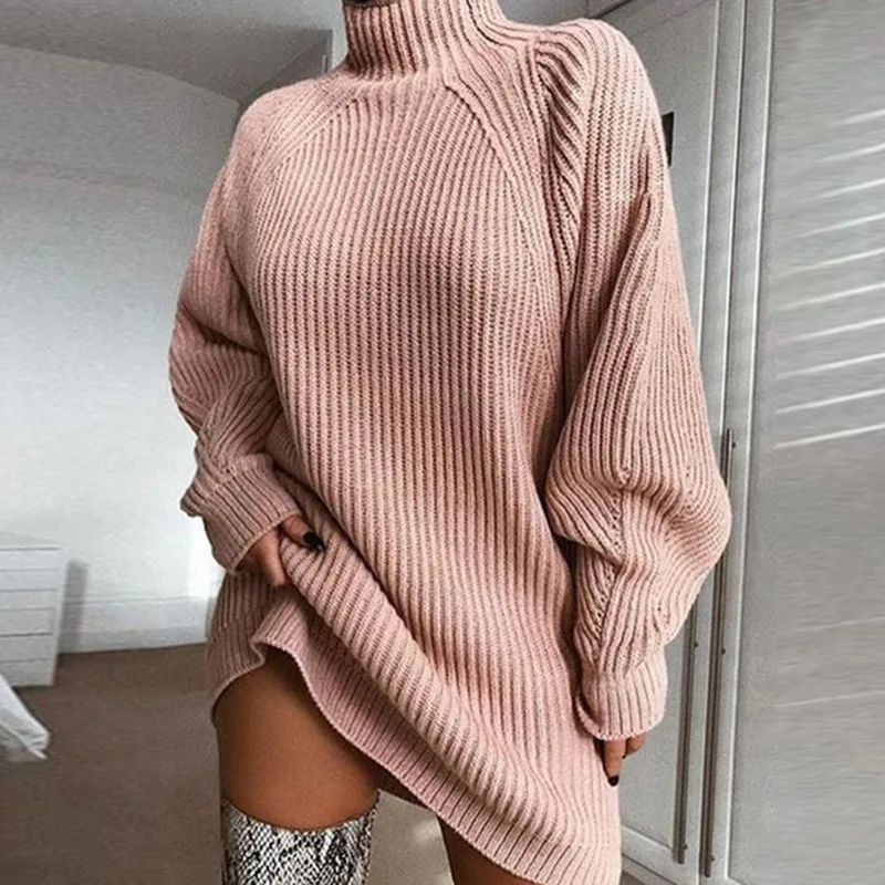 

Women's Casual Long Sleeve Sweater Dress Female Clothes 2024 Autumn/Winter New Fashion Women Mock Neck Cozy Mini Knitted Dresses