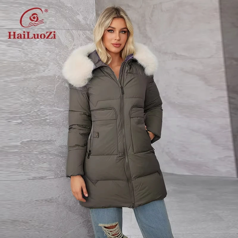 HaiLuoZi 2024 New Women\'s Winter Coat Warm Hooded Thickened Bio Cotton Coat Solid Color Large Pockets Women\'s Coat 618