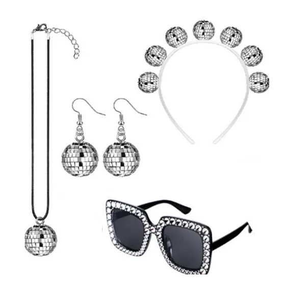 Donne ragazze discoteca palla Costume gioielli decorazioni 70s argento specchio palle braccialetto orecchini collana vetro Rave accessori Set