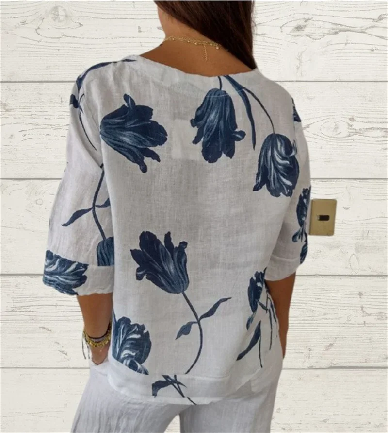 Frauen elegante Blumen druck Hemd Sommer drei Knopf Dekoration kleine V-Ausschnitt Bluse weibliche Baumwolle Leinen bequeme lässige Tops