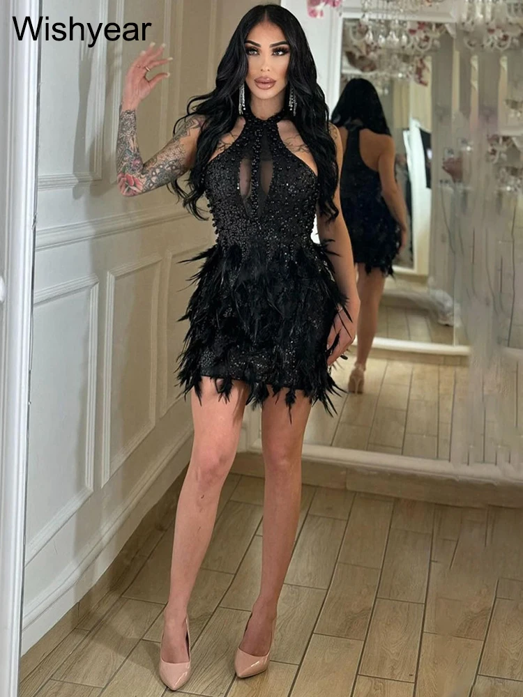 New Tail Prom Short Dress Women Sequins Feathers Halter Off The Shoulder Bodycon Mini Celebrity Birthday Party Robe