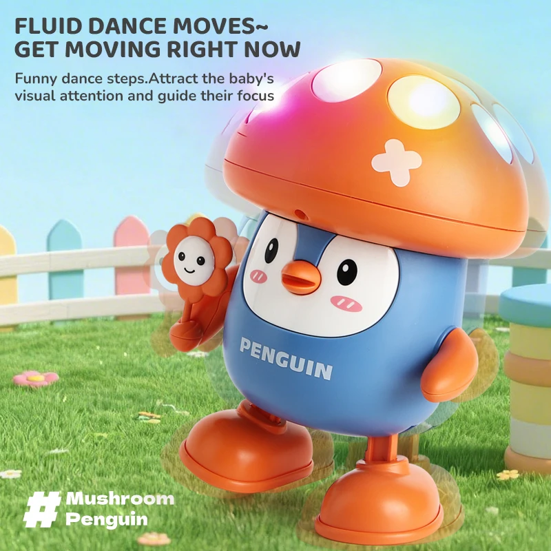 Jouet électrique de pingouin de champignon de danse de marche, balançoire de dessin animé, enregistrement de pingouin parlant pour le temps du ventre de bébé avec lumières et musique