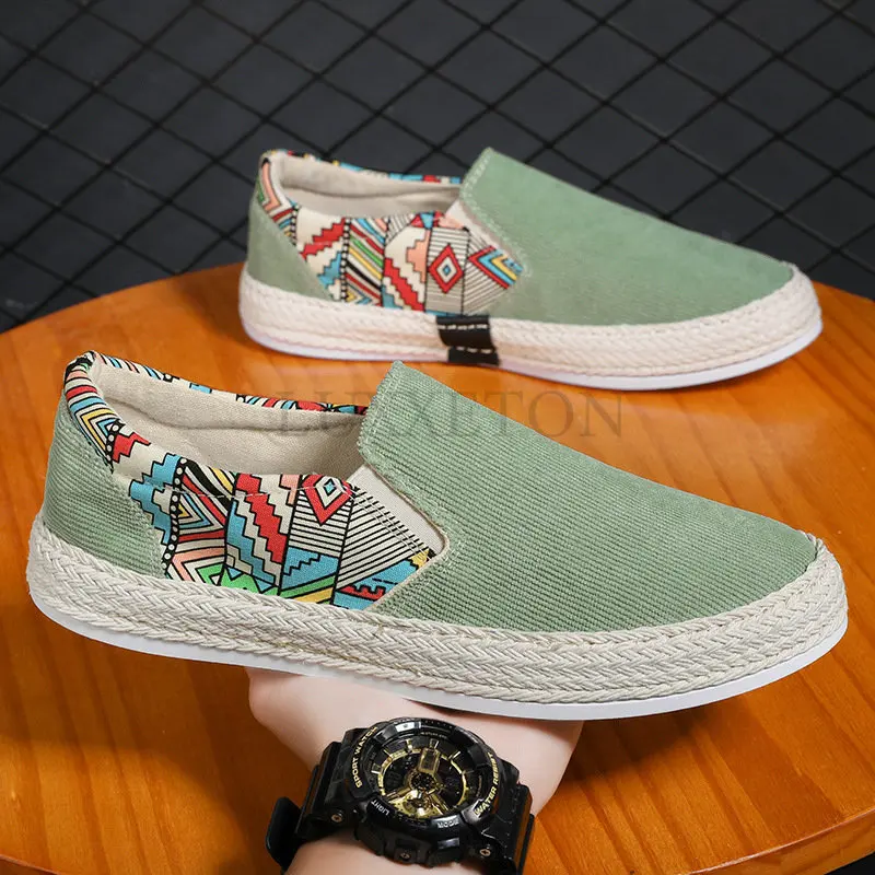 Men Canvas Shoes Ice Plush Warm Shoe Lazy Shoe Casual Shoes Slip-on Hemp Shoes Graffiti Espadrilles Men Footwear Flats