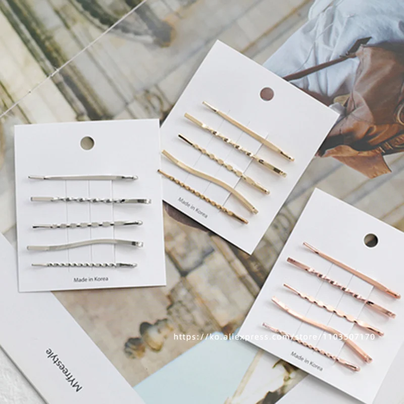 

Korean Gold Silver Small Edge Clip Female Adult Hairpin Clip One Word Clip Hairpin Simple Style Set of 5