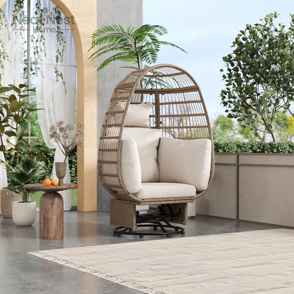 

Outdoor Swivel Chair with Cushions - Rattan Egg Patio Chair for Balcony, Garden, Poolside，Poolside and Garden ，Natural Wicker