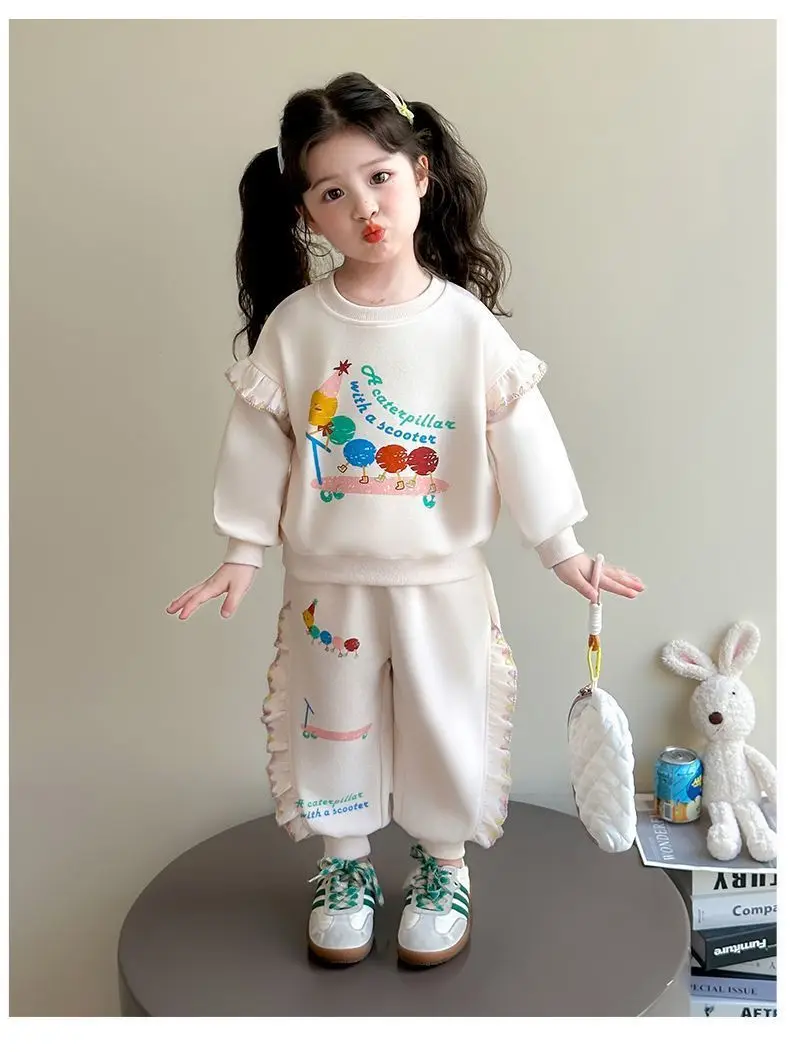 1-8 Jahre Kinder Mädchen Beige Hosen-Sets Cartoon-Muster Langarm Lose Geraffte Pullover-Hoodies + Elastische Taille Weite Hosen 2-teilige Sets – Detail 12
