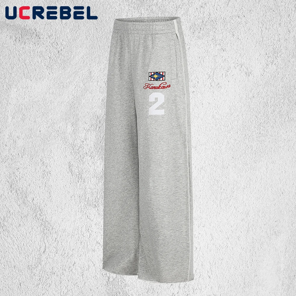 Letter Embroidery Digital Patch Sweatpants Mens Raw Hem Casual Loose Straight-leg Sports Trousers Man