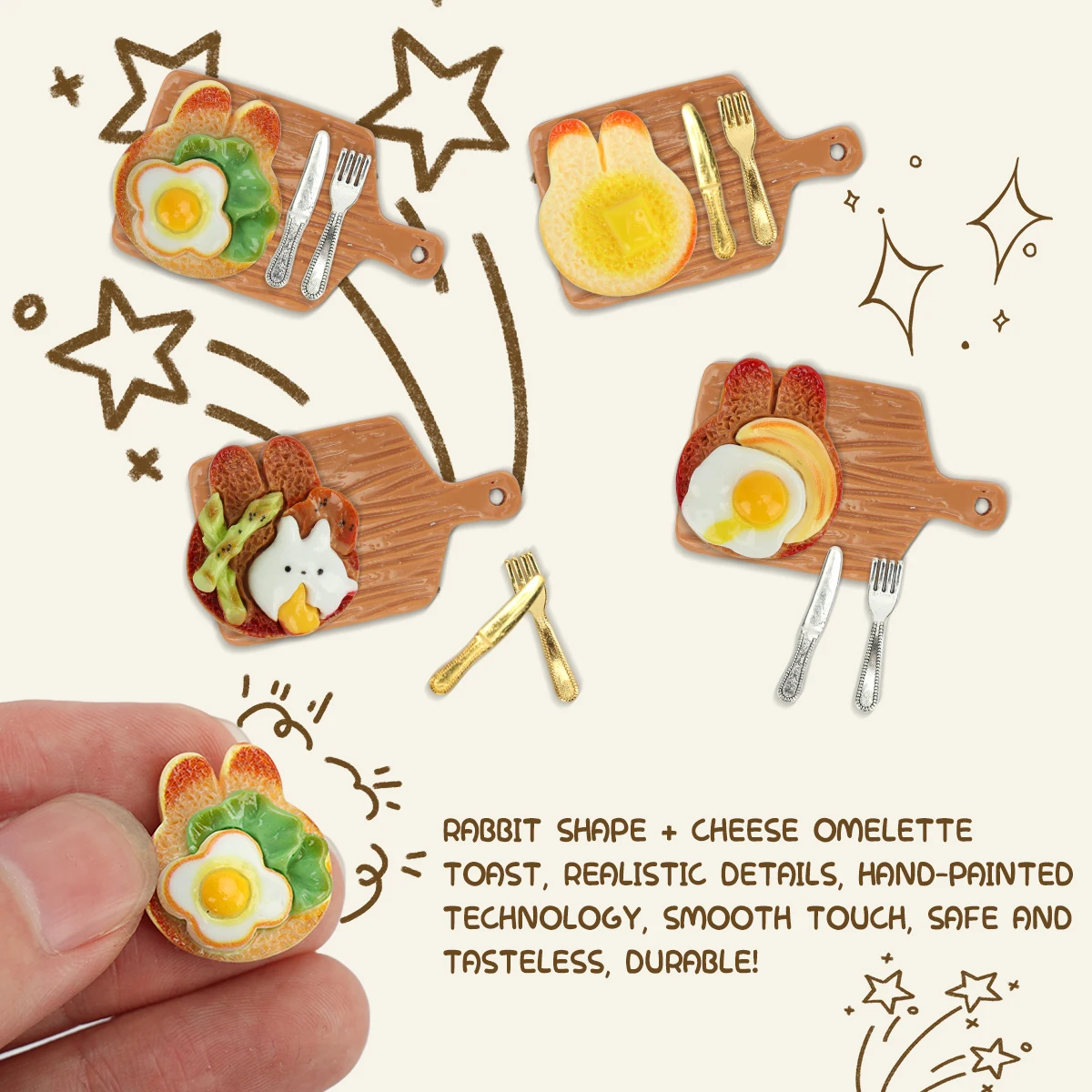 16pcs Simulation Food Play Rabbit Cheese Fried Egg Toast Tray Mini Knife And Fork Set Miniature Scene Doll House Decoration