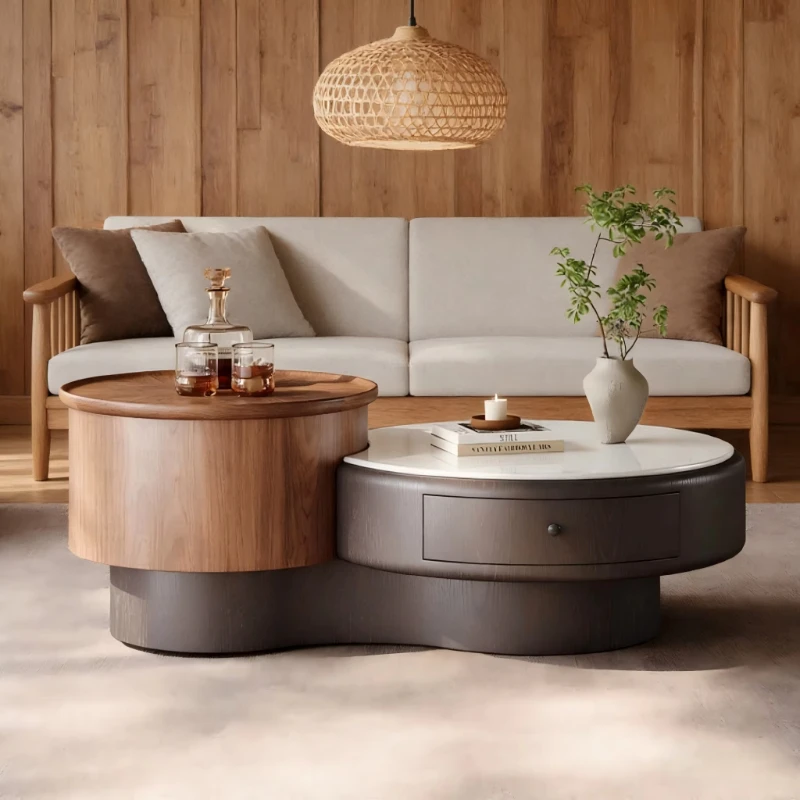 

Modern light luxury wooden coffee table double round rotating design wabi-sabi style