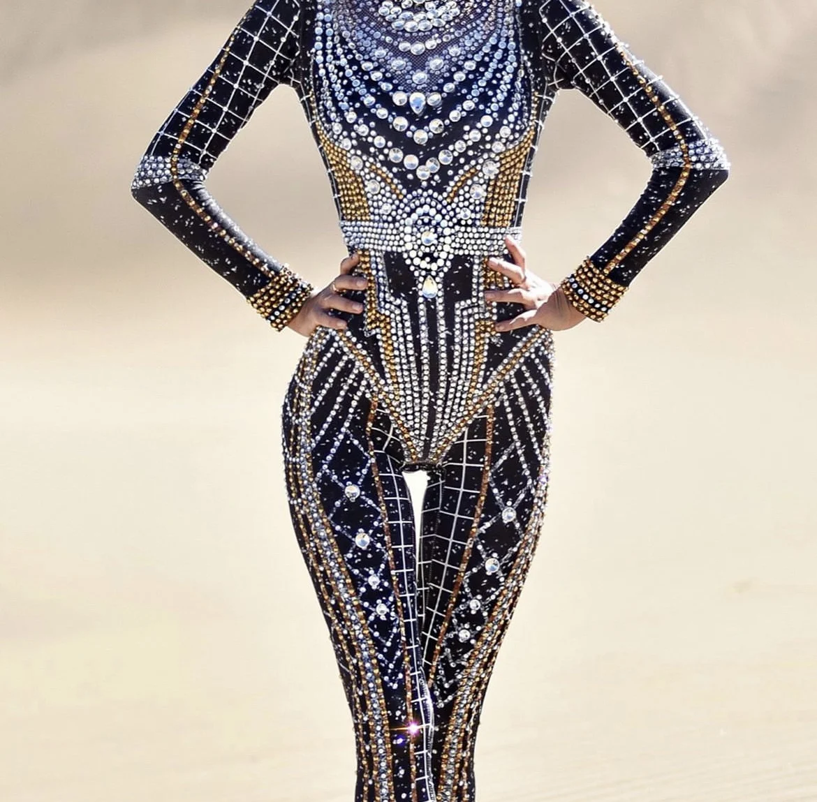 New Female Singer jumpsuit black glass diamond long jumpsuit fake translucent elastic stage fashion performance costume  yj866