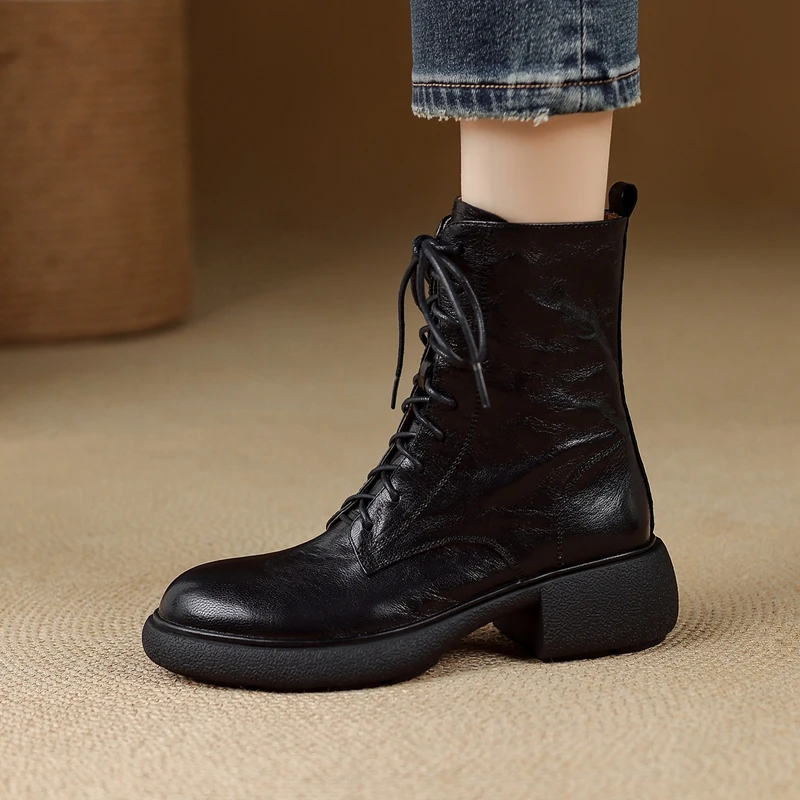 Women Winter Genuine Leather Ankle Boots Round Toe Women Boots with Zipper Lace Up Chunky Heel Wear-resistant Beef Tendon Bottom