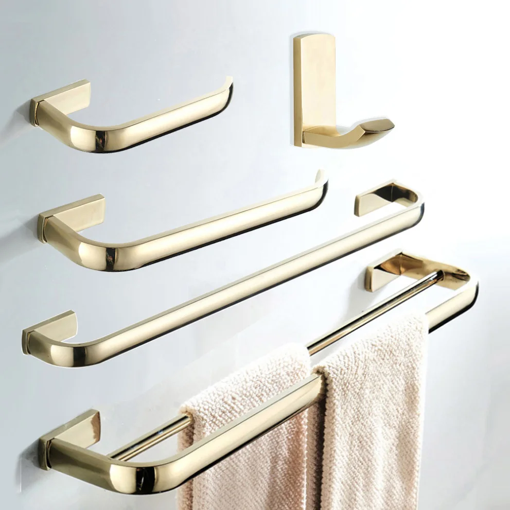 Gold Polished Brass Square Bathroom Hardware Double Towel Bar Towel Bar Paper Holder Cloth Hook Bathroom Accessory zzh102