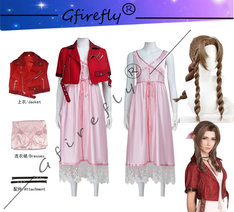 

Game Final Fantasy VII Aerith Gainsborough Cosplay Costume FF7 Character Pink Dress Coat Wig Set Halloween Party Costume