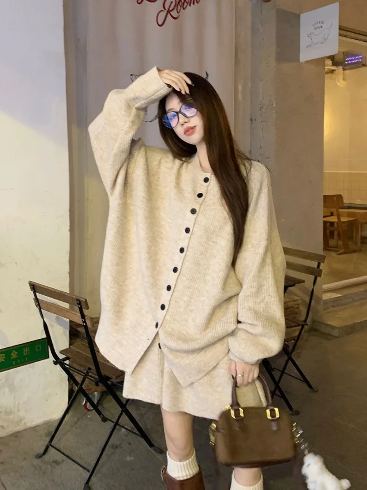 Ezgaga Knitted Two Piece Sets Women Fashion Autumn Winter Cardigan Loose Stretch Solid Sweater Mini Skirts Ladies Suits Casual