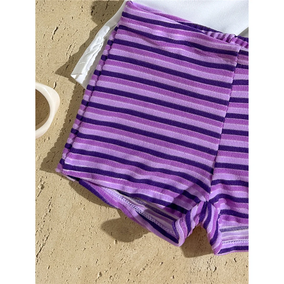 Neuer gestreifter Neckholder-Bikini mit hoher Taille, Damen-Badeanzug, zweiteiliges Bikini-Set mit Shorts, Badebekleidung, Badeanzug, Schwimmanzug V7825 – Detail 39