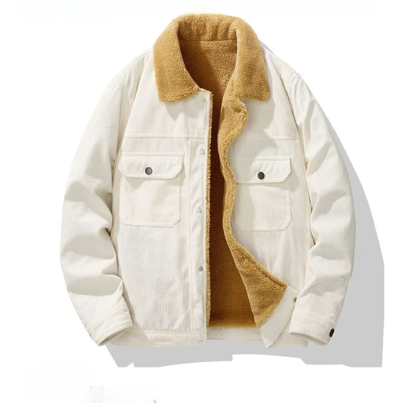 New Fashion Men Fleece Warm Corduroy Jackets Casual Winter Coats Quality Male Pockets Tooling Coats Loose Cargo Jackets Size 4XL