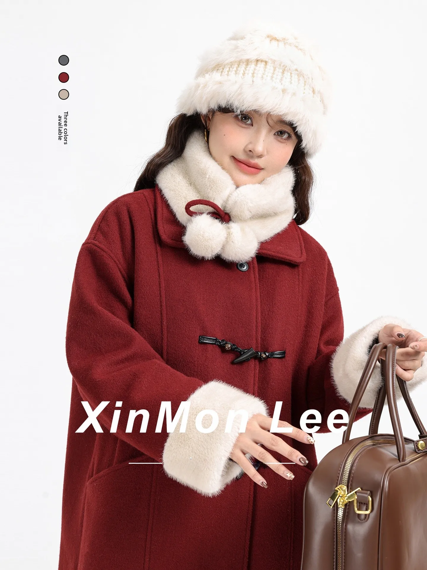 

2025 Winter New Year Cisas Aosphere Fce Lined Long Woolen Coat Red Buttoned Korean Sle Straight Cut Women's Coat
