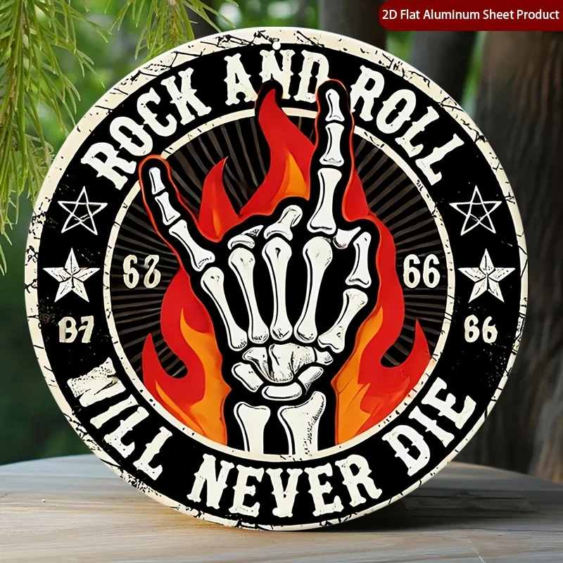 2D Flat - One-Piece Round Sign Featuring a 2D Flat Design of Rock And Roll, with a Skeleton Hand And Flames, Perfect for Decorat