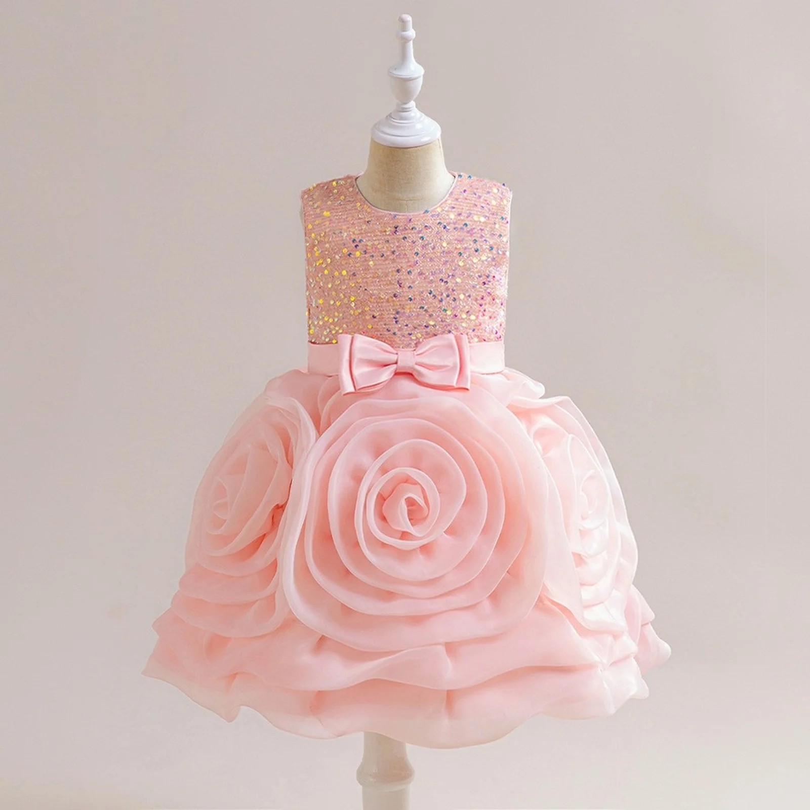 

Vintage Girls Sequin Princess Dresses Big Flower New Party Tulle Gown For Kids Children Sleeveless Bow Clothes Holiday Costumes