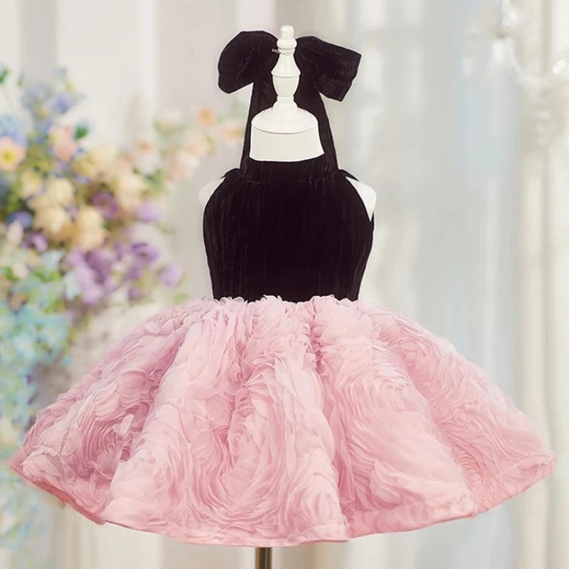 Purple Skirt Puffy Girls Birthday Party Princess Flower Girl Pink Black Rose Flower Velvet Dress Girls Evening Eid Kids Clothing