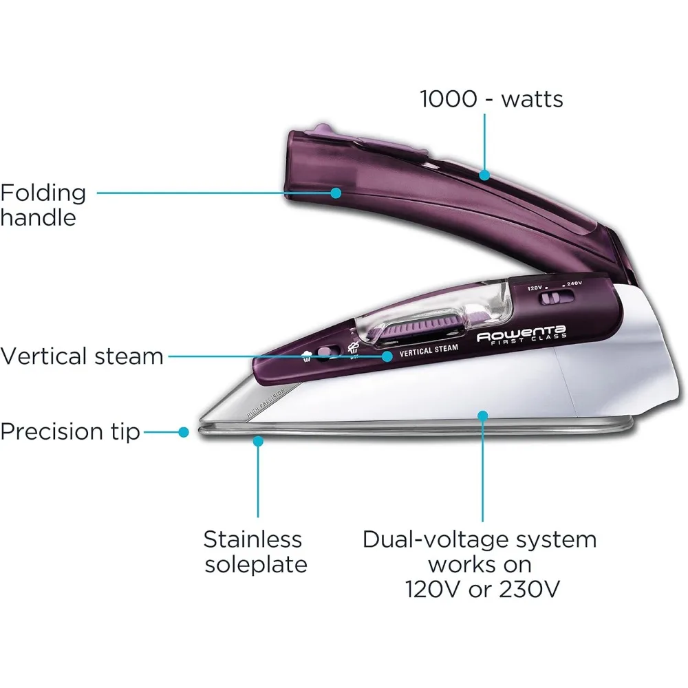 Travel Iron, Pro Compact Stainless Steel Soleplate Steam Iron for Clothes, 1000 Watts Ironing, Fabric Steamer, Dual Voltage