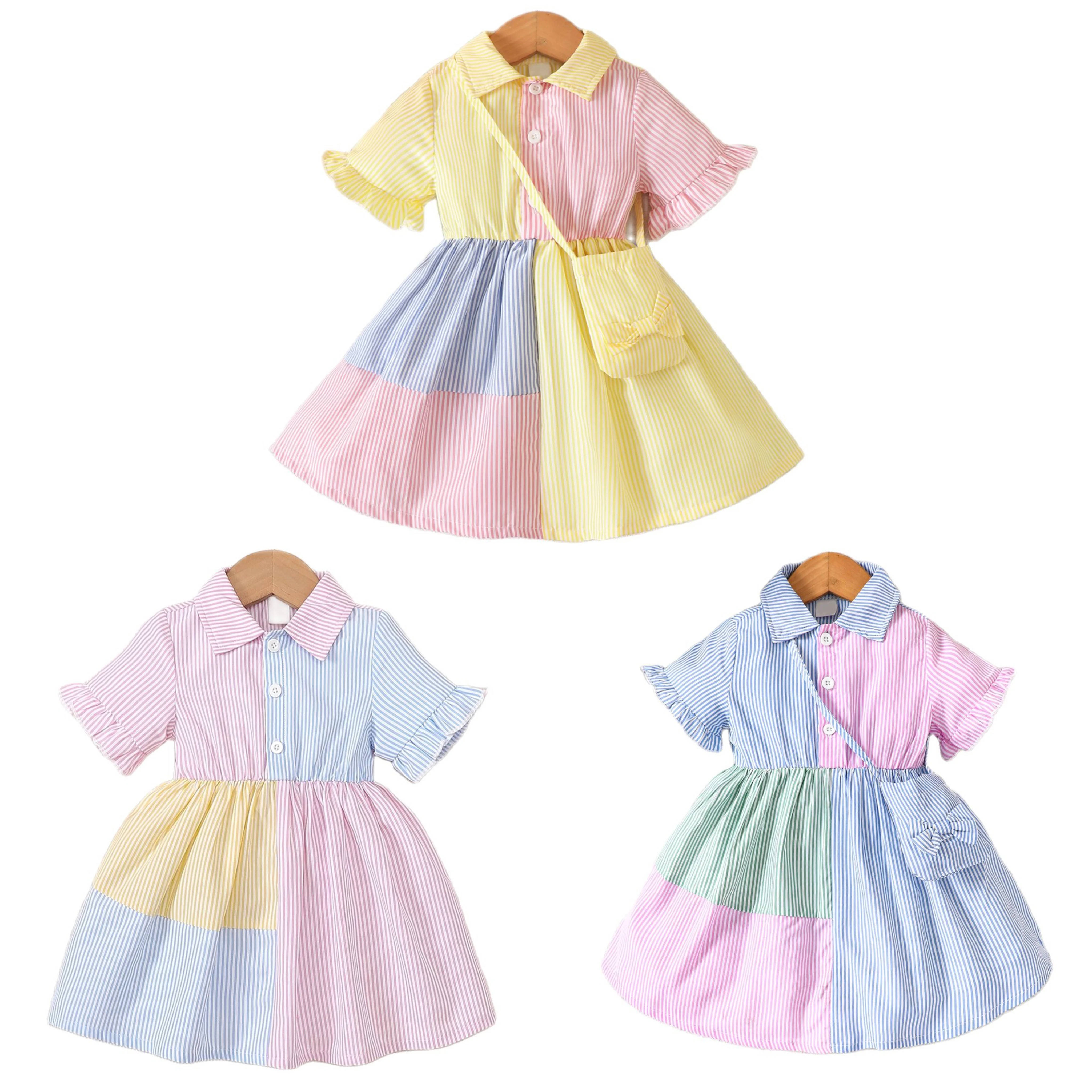 0-2 Year Old Newborn Dress Striped Color Matching Waist Up Dress Bag Baby 2Pcs Set