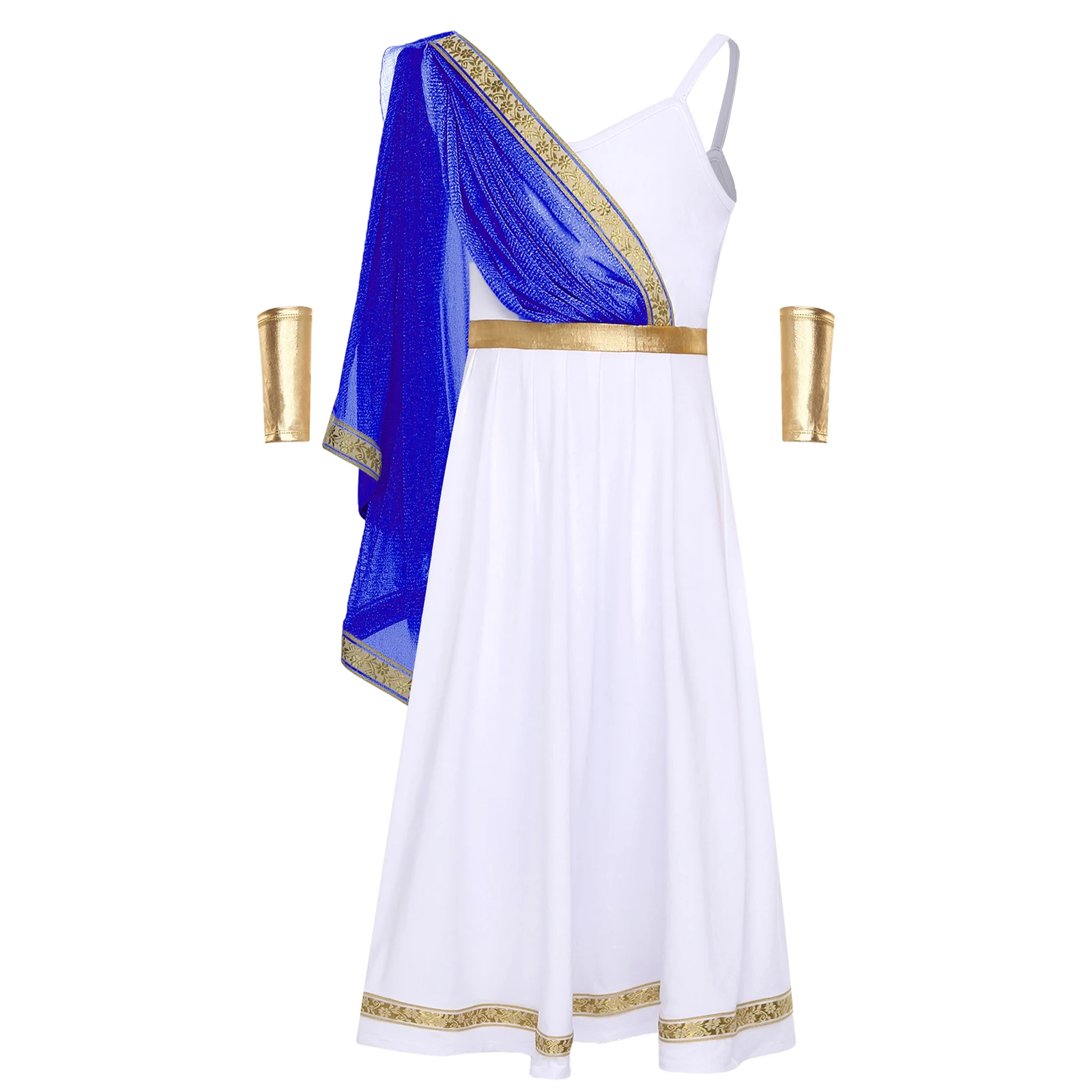 

Girls Ancient Greek Princess Dress Cape Golden Embroidery High Waist Cami Dress+Arm Sleeve Set Halloween Raves Cosplay Costume